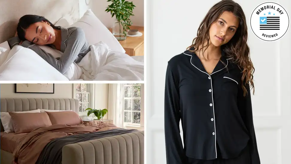 A collage with a Cozy Earth sheet set, a woman sleeping, and a woman modeling a robe next to a Memorial Day badge.