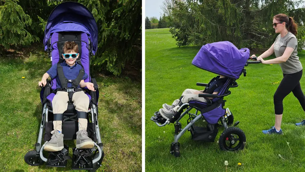 A photo collage of small child outdoors inside of the Convaid Coaster stroller and a person pushing small child outdoors inside of the Convaid Coaster stroller.