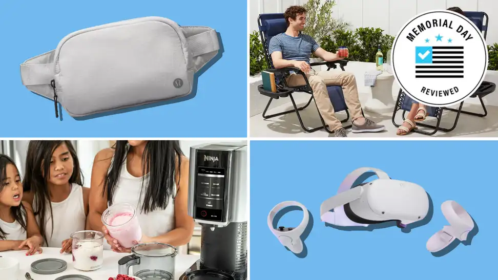 Pink bookcase, lululemon belt bag, Mueller veggie chopper