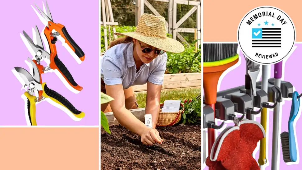 A collage featuring a person gardening and various gardening tools sold at Amazon.