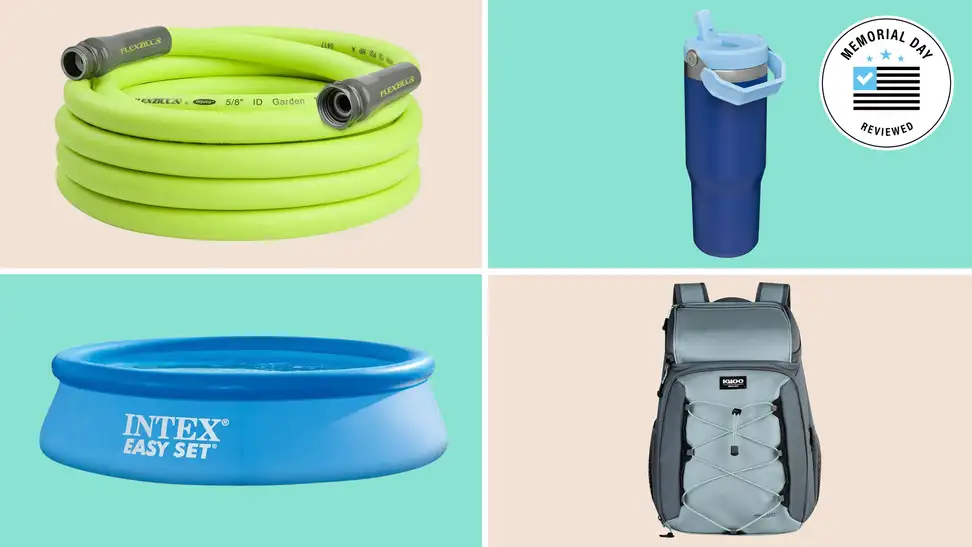 A colorful collage with a garden hose, inflatable pool, and more with a Memorial Day badge.