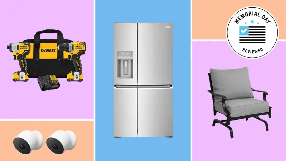 A collage of home items with the Memorial Day Reviewed badge in front of colored backgrounds.