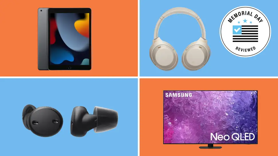 A collection of technology with the Memorial Day Reviewed badge in front of colored backgrounds.