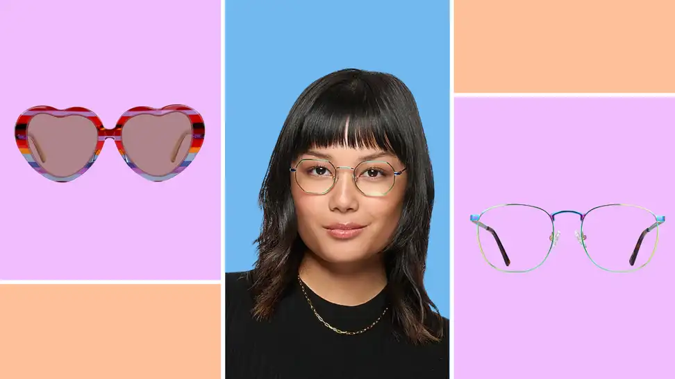 An image of a pair of heart-shaped sunglasses, a model wearing rainbow wire frame glasses, and a pair of rainbow square frame glasses.