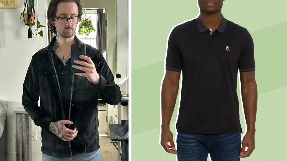A model wearing a black Robert Graham polo shirt, and a man wearing a black velvet shirt and the same polo.