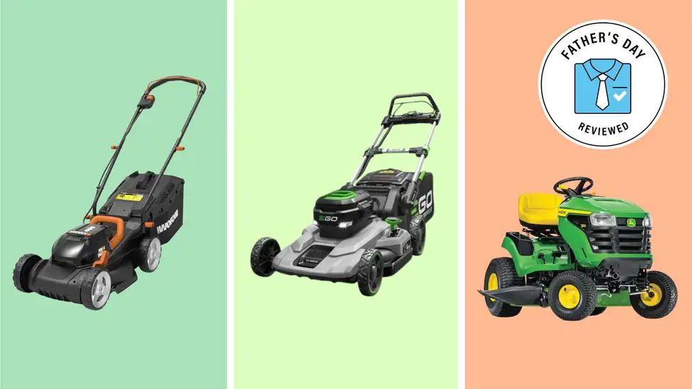 A collage of lawn mower models with the Father's Day Reviewed badge in front of colored backgrounds.