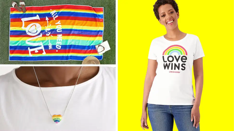 A collection of Pride Month-themed apparel in front of colored backgrounds.
