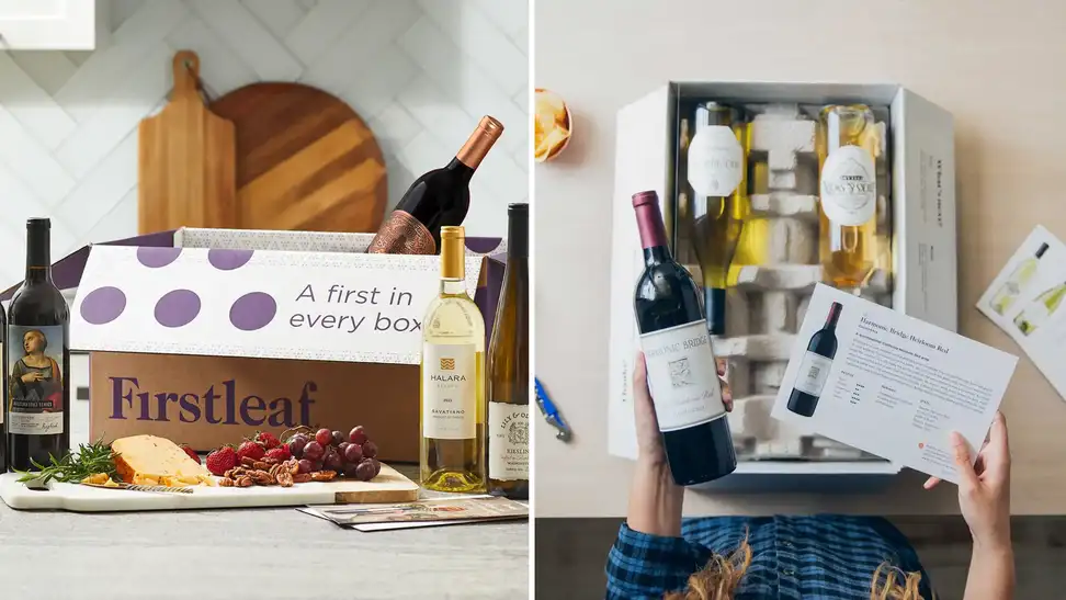 A collage with a Firstleaf box and someone opening a box up and looking at a bottle of wine.