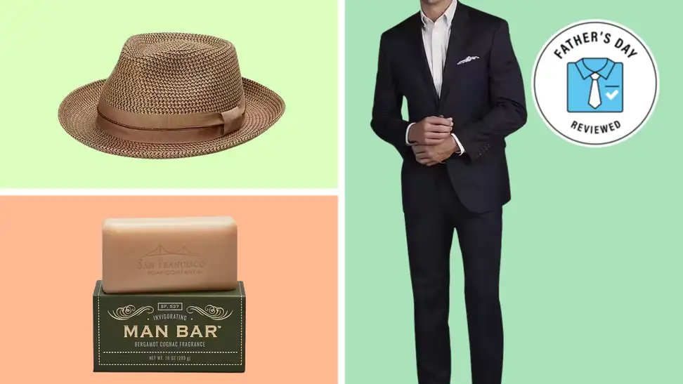 A brown braided fedora, bar of soap, and navy suit.