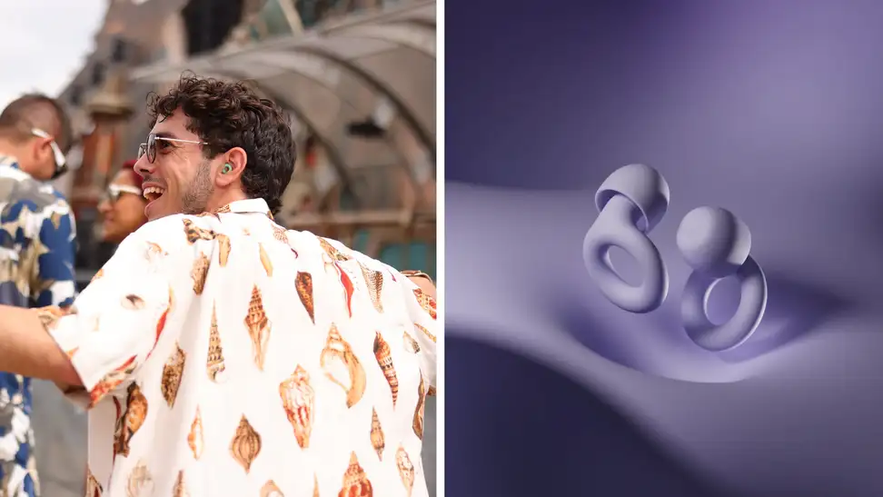 Person wearing Loop earplugs at a festival, purple Loop earplugs on a purple backdrop