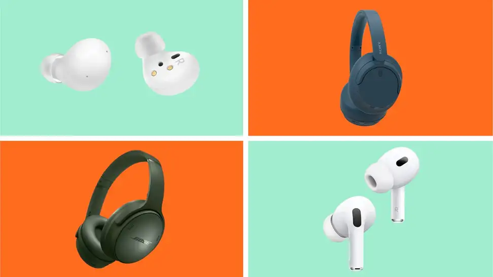 A collage of earbuds and headphones in front of colored backgrounds.