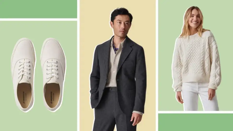 Collage of models wearing peices from Buck Mason and a pair of white Buck Mason deck shoes.