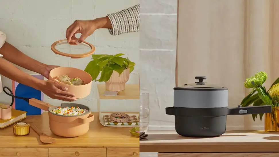 Split image of two sets of hands handling a spice-colored Our Place Perfect Power Pot filled with food on a wooden counter and a closed Power Pot in black.