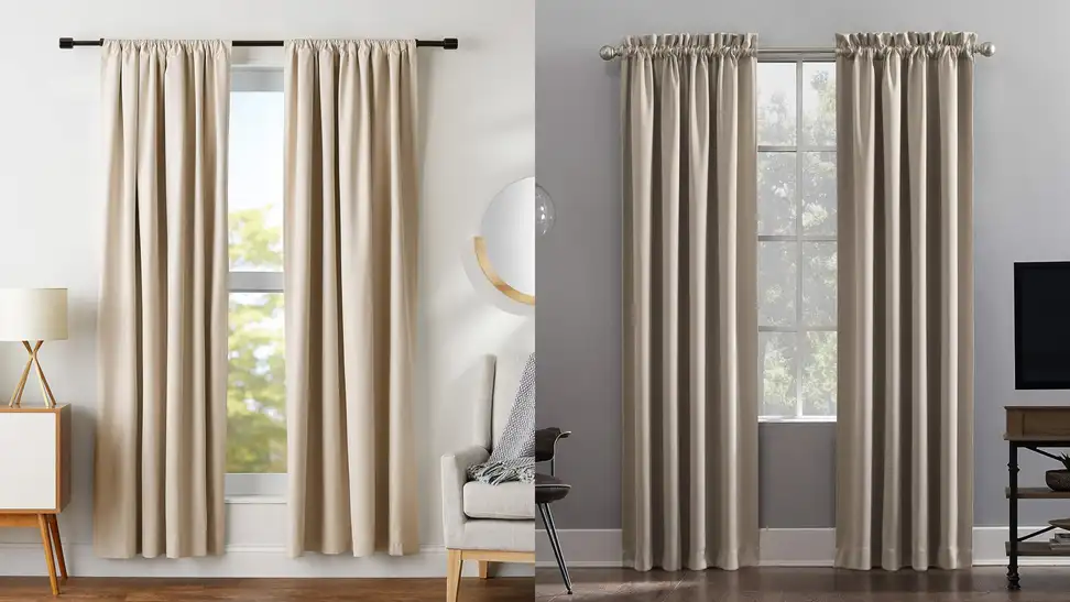Amazon Basics Room Darkening Blackout Curtains on left and Sun Zero Oslo Theater Grade Extreme blackout curtains on right.
