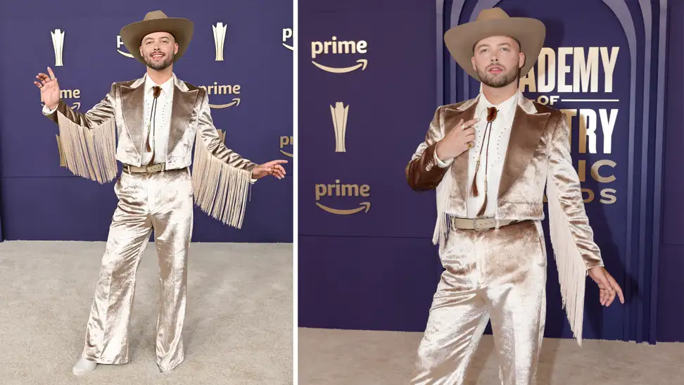 Country singer Adam Mac wearing a tan velvet suit with fringe details on the arms on the ACM red carpet.