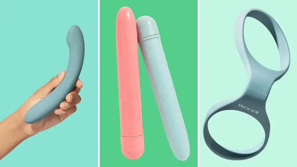 A photo collage of the best eco-friendly toys including the Bloomi Indulge Double-Sided Vibrator, the Gaia Eco wand and the Bloomi Link Flexible Handcuffs on a teal, green and mint green background.