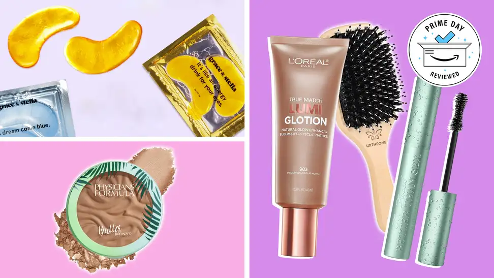 Amazon beauty deals, various beauty products on colorful backgrounds