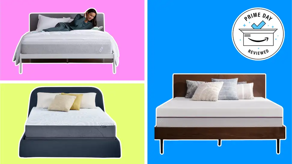 A Tuft & Needle mattress, a Serta mattress, and a Purple mattress show on bed frames on a colorful background.