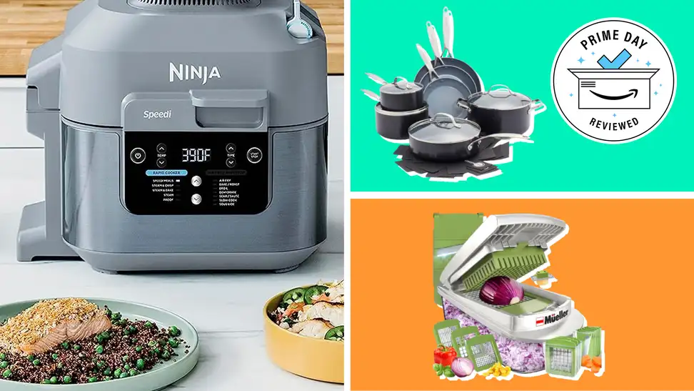 Various kitchen tools with the Prime Day Reviewed badge in front of colored backgrounds.