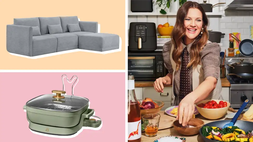 A collage featuring Drew Barrymore and various home and kitchen items from her Beautiful by Drew Barrymore collection.