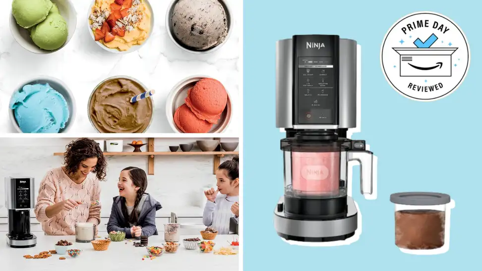 A collage featuring three people eating ice cream, various colorful ice cream flavors, and a Ninja Creami ice cream maker on a blue background.