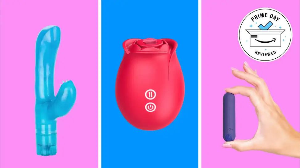 Various sex toys on sale at Amazon in front of colored backgrounds and the Prime Day Reviewed badge.