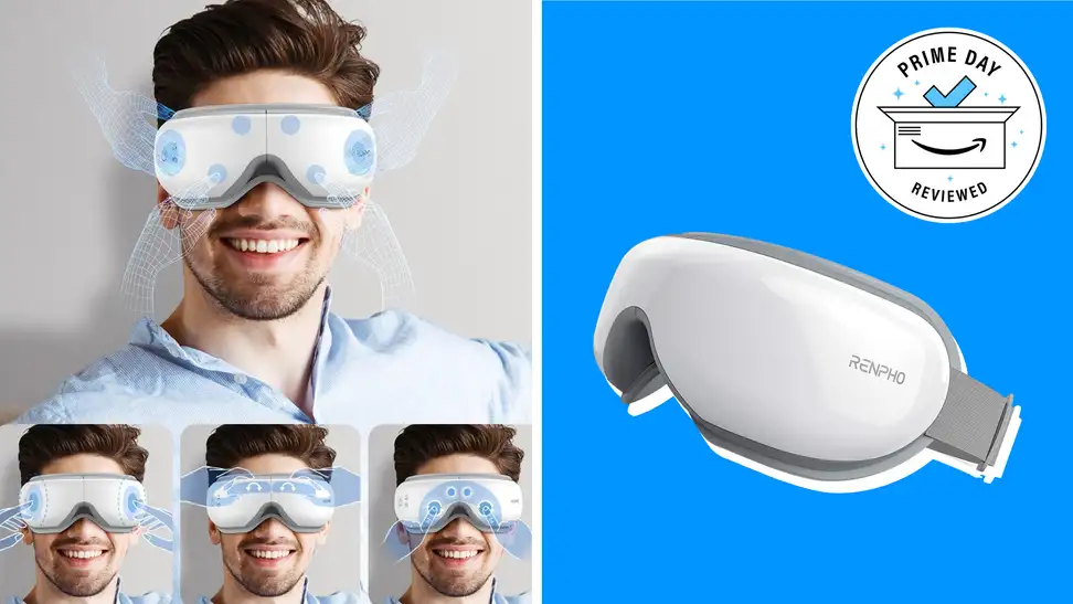 A person wearing a Renpho eye massager next to a white Renpho eye massager on a blue background.
