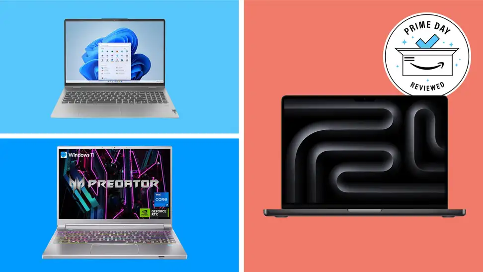 Three laptops on a color block background, from Apple, Acer and Lenovo