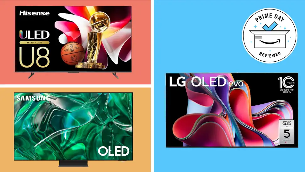 A color block background shows TVs from Hisense, Samsung and LG