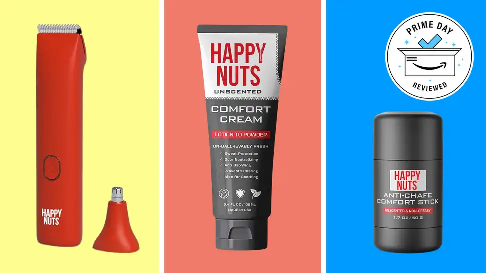 An image of a red trimmer from Happy Nuts with an extension, a tube of Happy Nuts comfort cream, and a plastic container of Happy Nuts' anti-chafe stick.