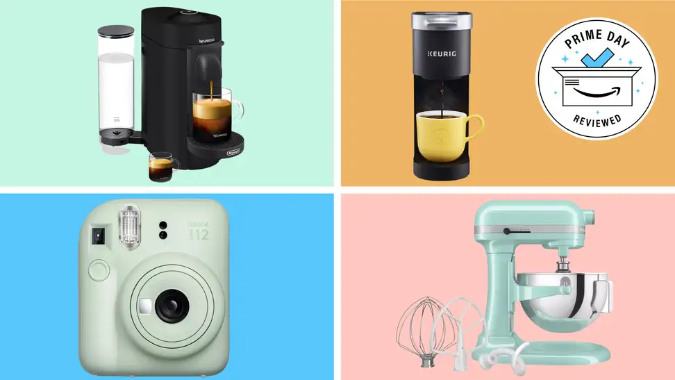 From top left: A Nespresso VertuoPlus Coffee Maker and Espresso Machine; a Keurig K-Mini, a KitchenAid stand mixer and a Fujifilm Instax Mini 12 Camera against a colored background.