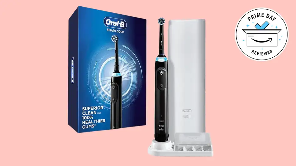 An image of an Oral-B Smart 5000 series electric toothbrush, next to its charging stand and carrying case.