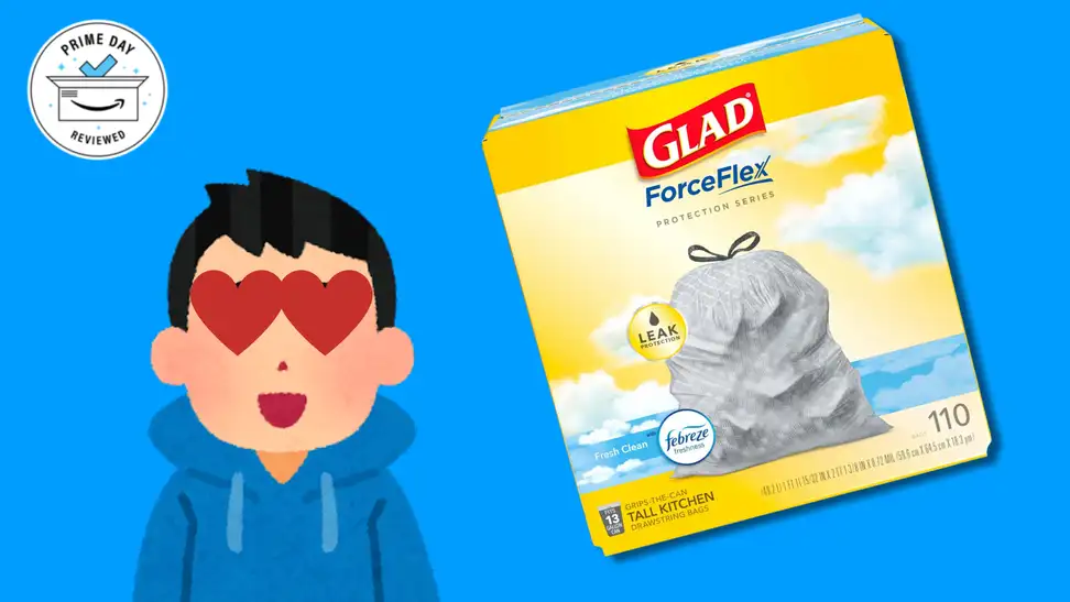 Cartoon man very happy about garbage bags