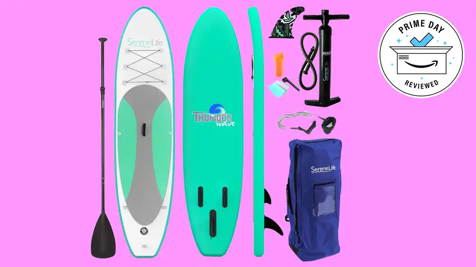 A Serene inflatable standup paddle board kit with carry bag and accesories