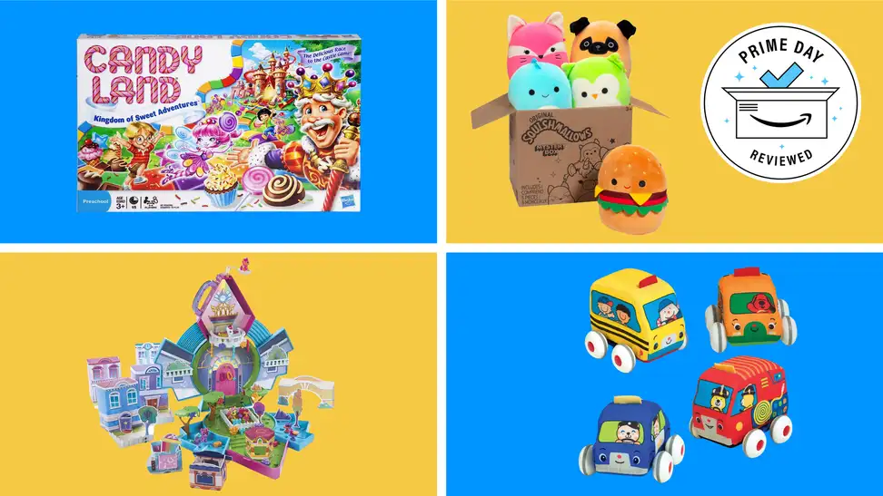 A colorful collage with Squishmallows, a Candy Land board game, and more.