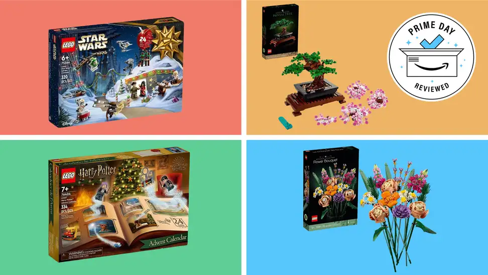 flower boquet, harry potter, bonsai tree, and stars wars lego sets on red, orange, green, and blue background