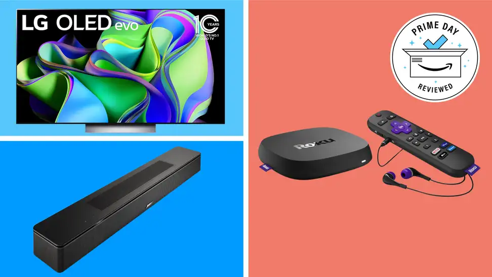 The LG C3 TV, Roku Ultra streaming stick, and Bose Smart Soundbar 600 on a light blue, dark blue, and orange sectionalized background with the Reviewed Prime Day badge in the top right.