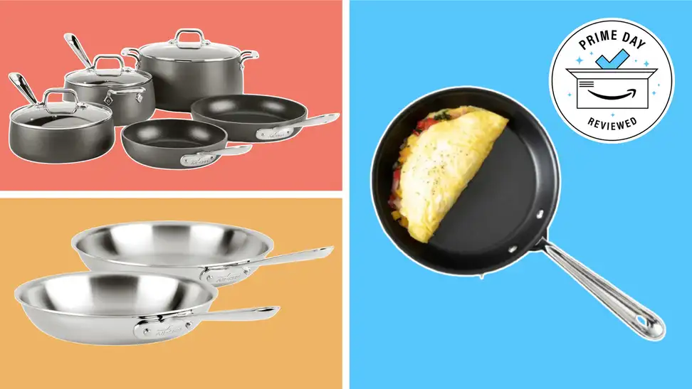 Sets of All-Clad cookware on left, omelet cooking in nonstick pan on right, all on colorful background