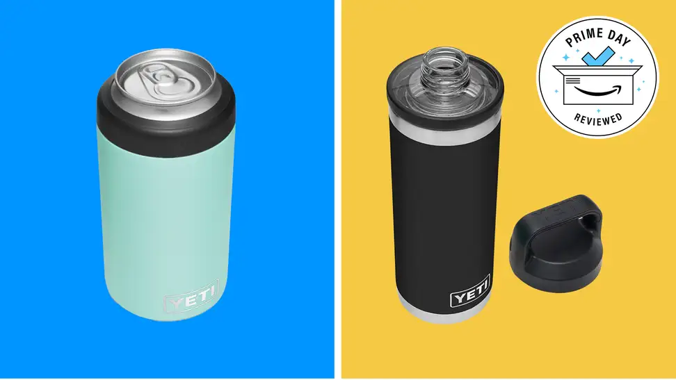 A Yeti stainless steel bottle and canister on a colorful background.