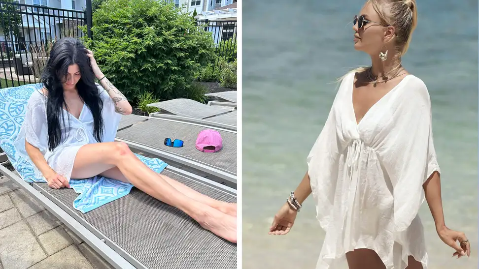 Two women wearing the same white, Shein bathing suit cover-up.