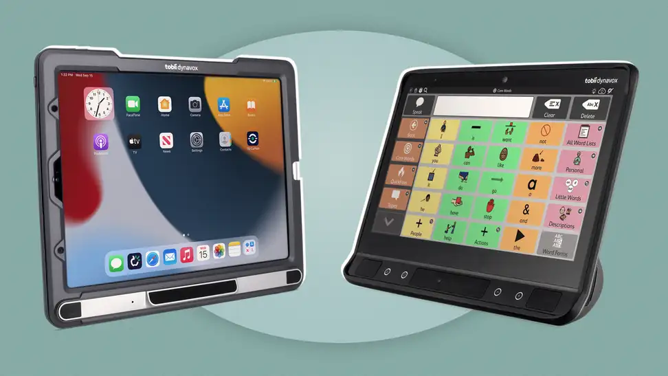 Two tablet-based AAC devices on a green background.