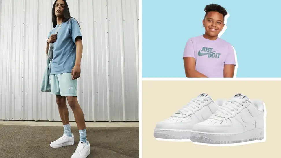 A colorful collage with Nike shoes and activewear.