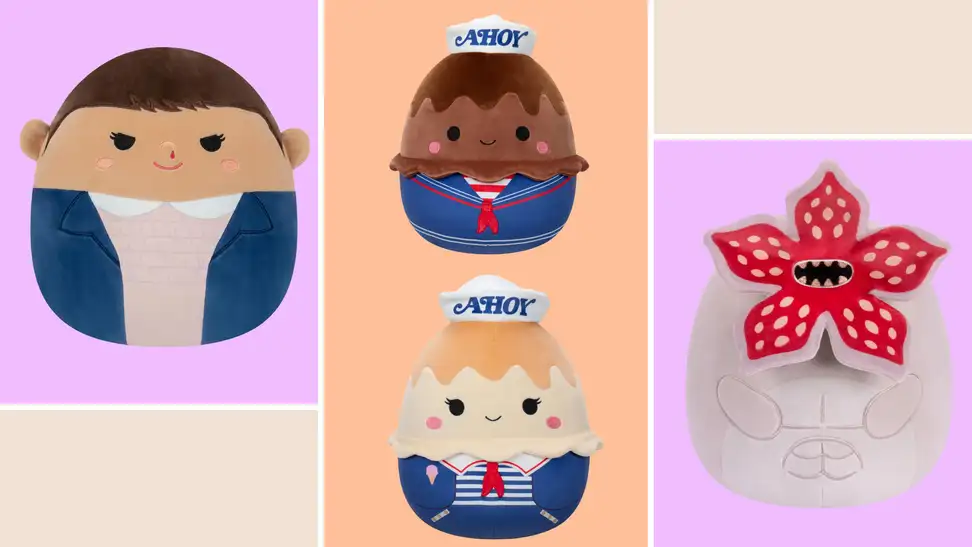 'stranger things' squishmallows collection on purple, orange, and beige background