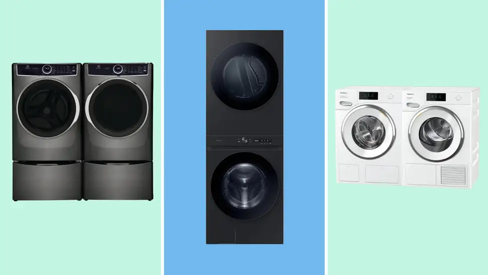 Washer-dryer sets by Electrolux, Samsung, and Miele against a color-blocked blue and green background.