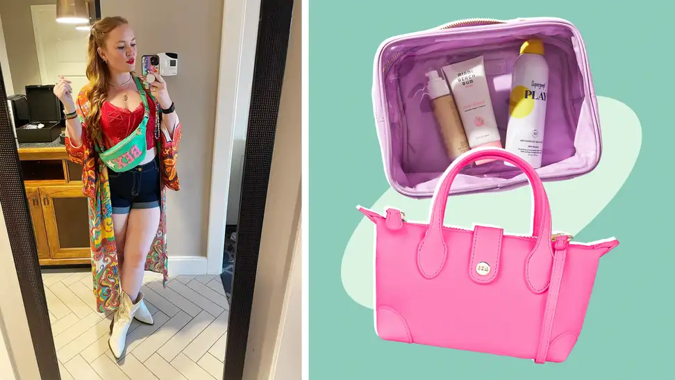 A woman wearing printed clothes with a green belt bag on, and two Stoney Clover Lane pouches.