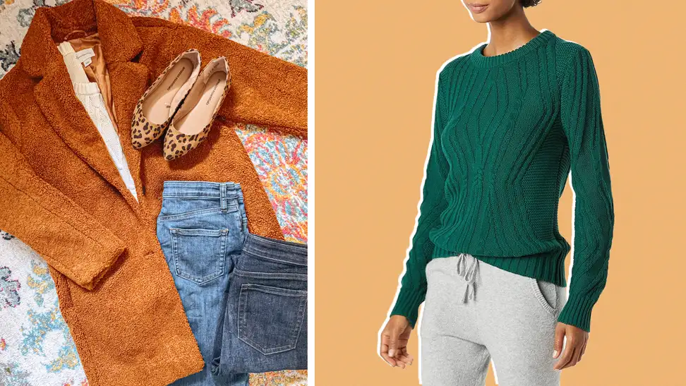 Clothes placed on top of one another over a rug, also a photo of a cable knit sweater.