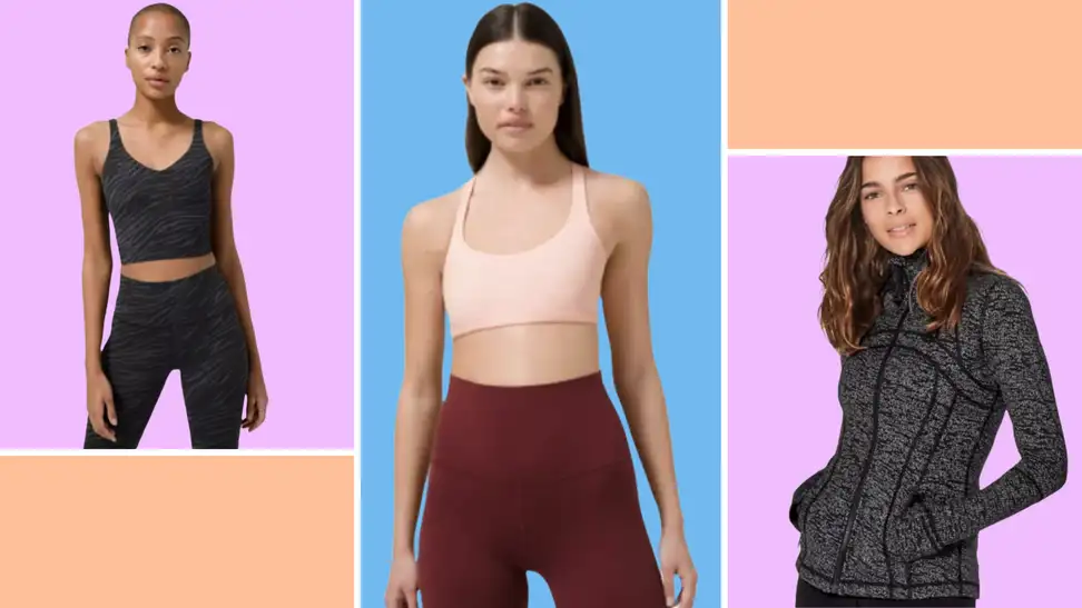 Collage of three women wearing workout sets from Lululemon.