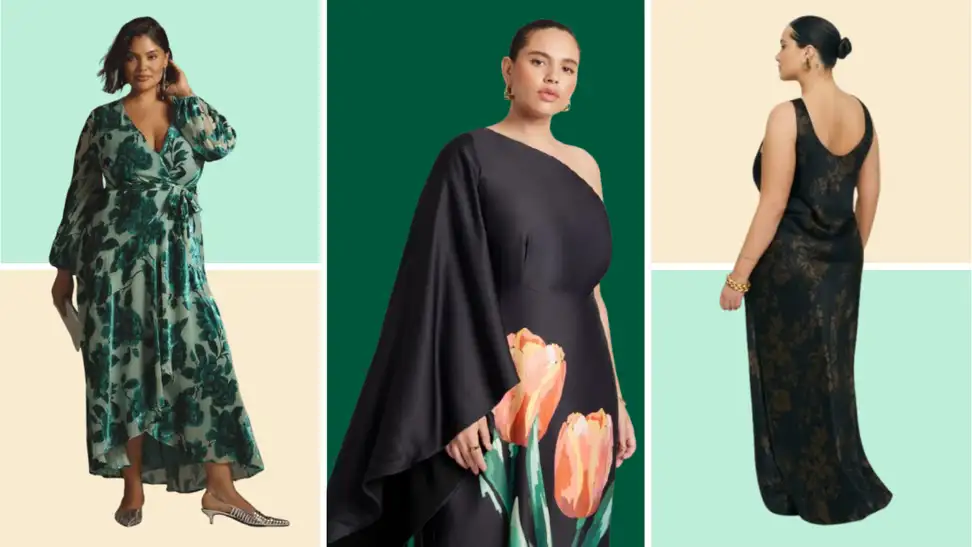 Collage image of women wearing a green floral velvet gown, a black one-shoulder gown with pink tulip print, and a black floral gown.