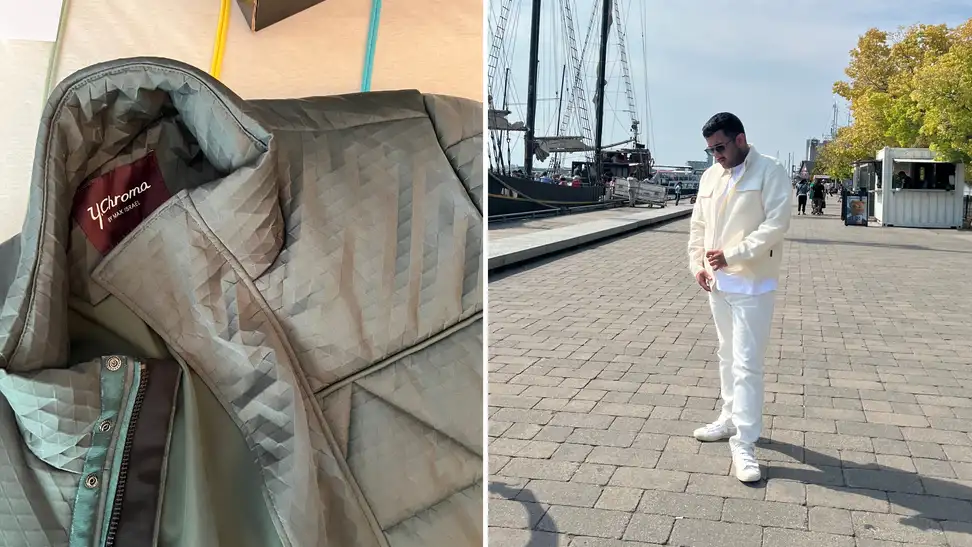 A close-up of a pyramid-texture coat, and also a man wearing white jeans with a cream shirt and white T-shirt and sneakers.