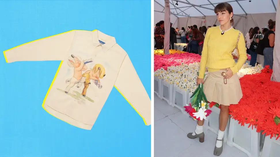 A shirt with a print from Disney's 'Fantasia' and also a photograph of a woman wearing a yellow sweater with a khaki pleated skirt.